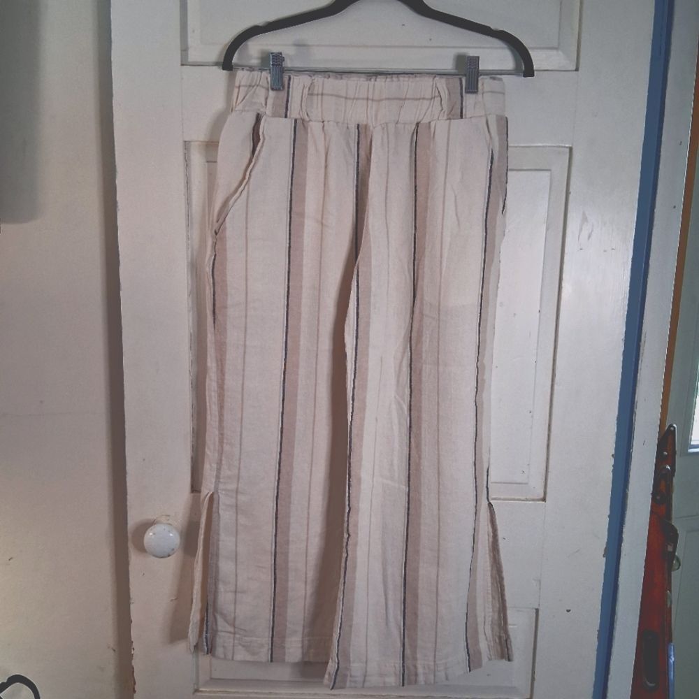 Indigo Rein Beige and Black Striped Wide Leg Pull On Linen Pants